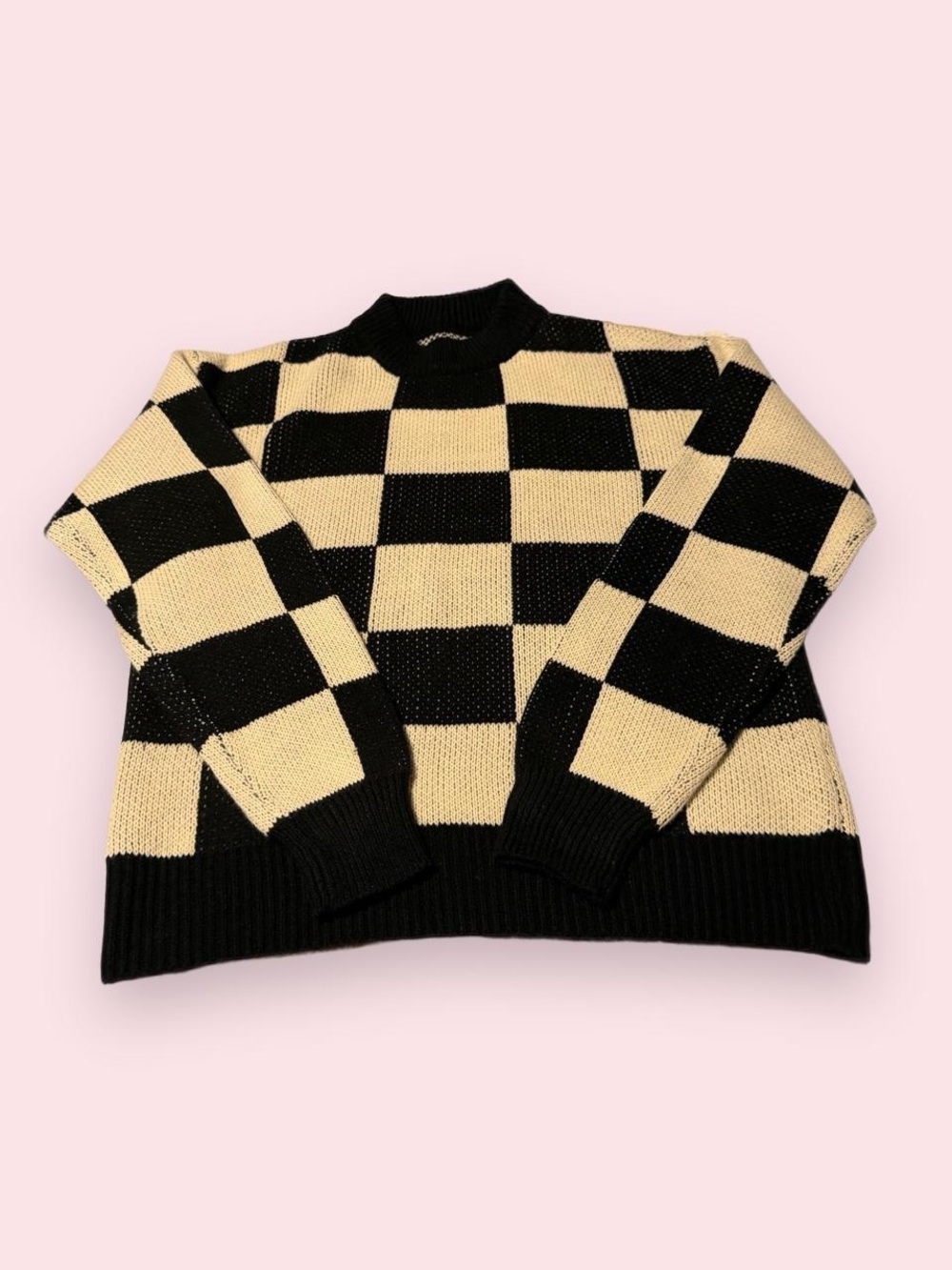 Boutique Black & Cream Checker Knit Sweater - Women's Crewneck